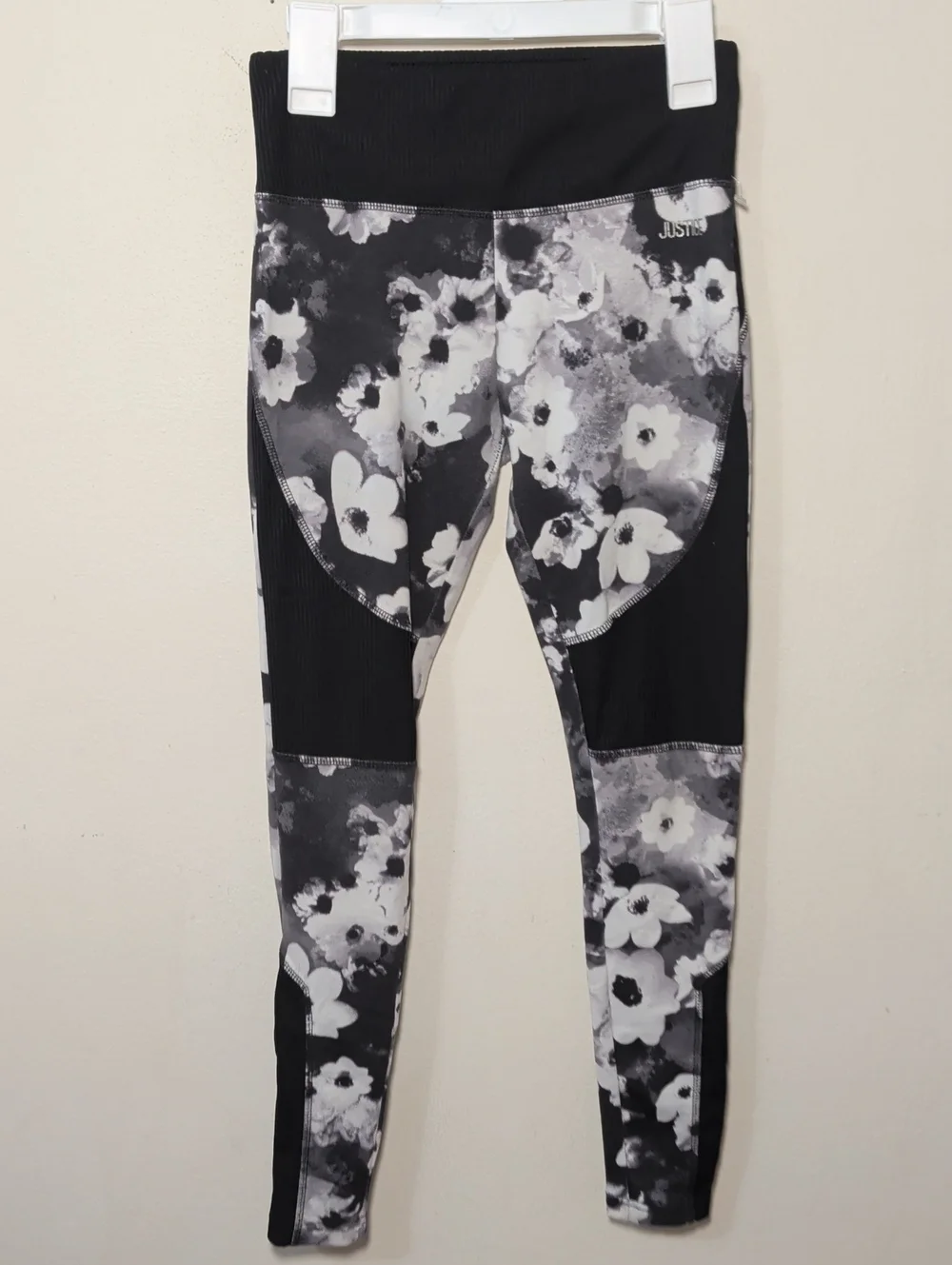 Justice Black + White Floral Leggings Sporty Athleisure Comfy Girls Size 10